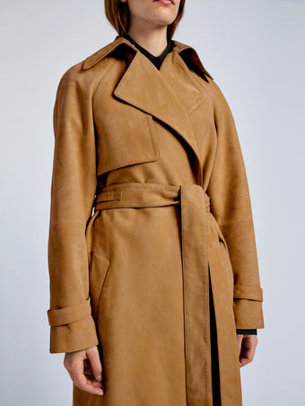 Proenza Schouler Detail image of model wearing Ramona Coat in Suede in Pony
