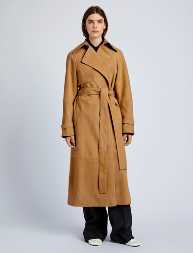 Proenza Schouler Front full length image of model wearing Ramona Coat in Suede in Pony
