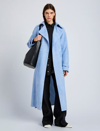 Proenza Schouler Front full length image of model wearing Ramona Coat in Suede in Light Blue