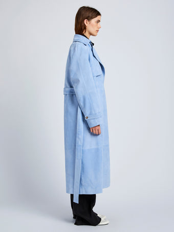 Proenza Schouler Side full length image of model wearing Ramona Coat in Suede in Light Blue