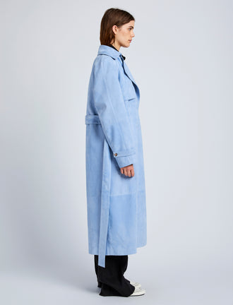 Proenza Schouler Side full length image of model wearing Ramona Coat in Suede in Light Blue