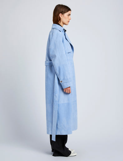Proenza Schouler Side full length image of model wearing Ramona Coat in Suede in Light Blue