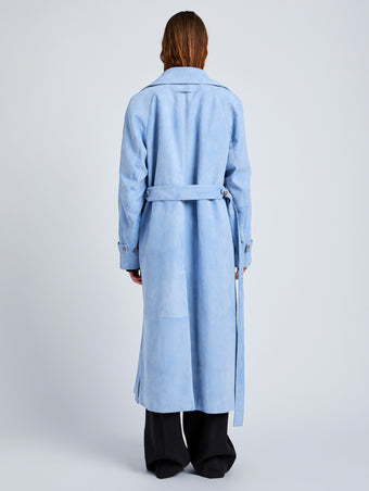 Proenza Schouler Back full length image of model wearing Ramona Coat in Suede in Light Blue