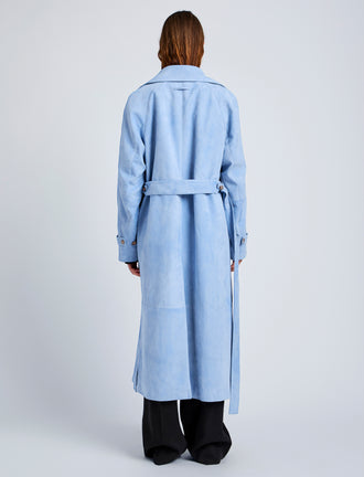 Proenza Schouler Back full length image of model wearing Ramona Coat in Suede in Light Blue
