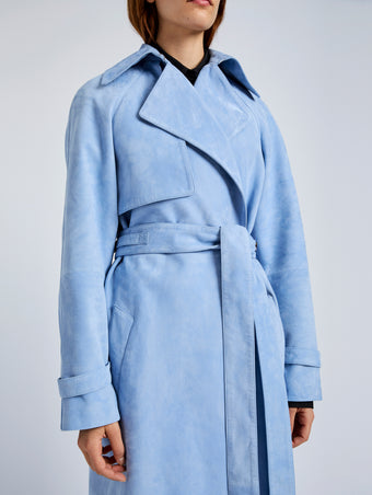 Proenza Schouler Detail image of model wearing Ramona Coat in Suede in Light Blue