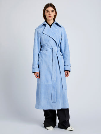 Proenza Schouler Front full length image of model wearing Ramona Coat in Suede in Light Blue