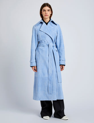 Proenza Schouler Front full length image of model wearing Ramona Coat in Suede in Light Blue