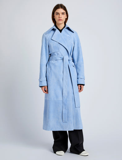 Proenza Schouler Front full length image of model wearing Ramona Coat in Suede in Light Blue
