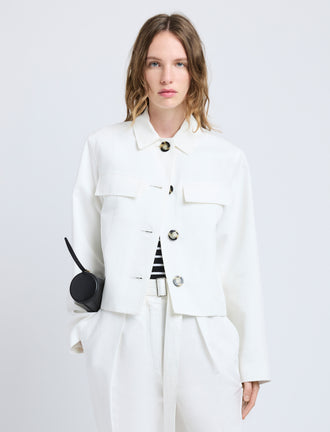 Proenza Schouler Front cropped image of model wearing Thelma Jacket in Cotton Linen Suiting in White