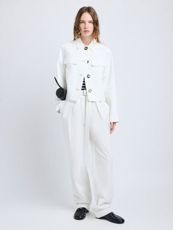 Proenza Schouler Front full length image of model wearing Thelma Jacket in Cotton Linen Suiting in White