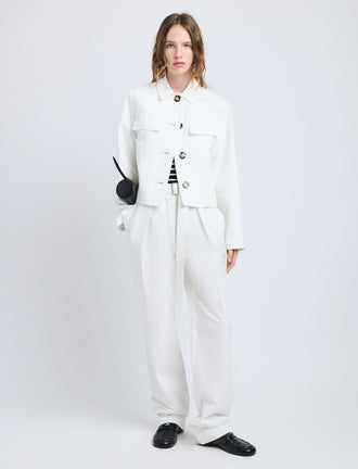 Proenza Schouler Front full length image of model wearing Thelma Jacket in Cotton Linen Suiting in White