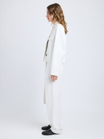 Proenza Schouler Side full length image of model wearing Thelma Jacket in Cotton Linen Suiting in White