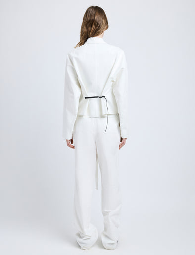 Proenza Schouler Back full length image of model wearing Thelma Jacket in Cotton Linen Suiting in White