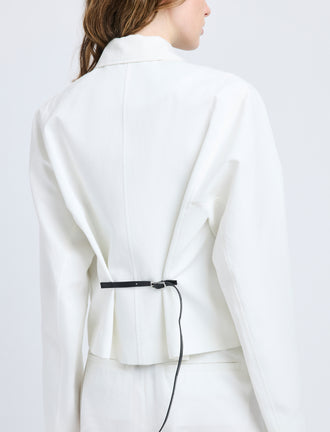 Proenza Schouler Detail image of model wearing Thelma Jacket in Cotton Linen Suiting in White