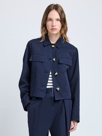 Proenza Schouler Front cropped image of model wearing Thelma Jacket in Cotton Linen Suiting in Navy
