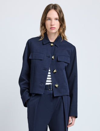 Proenza Schouler Front cropped image of model wearing Thelma Jacket in Cotton Linen Suiting in Navy