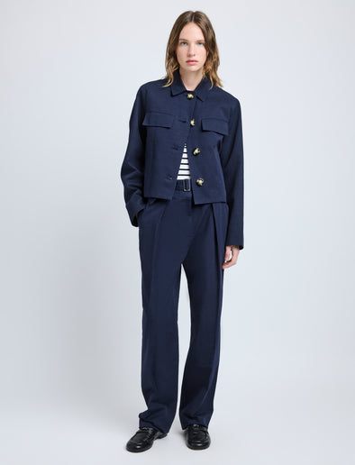 Proenza Schouler Front full length image of model wearing Thelma Jacket in Cotton Linen Suiting in Navy