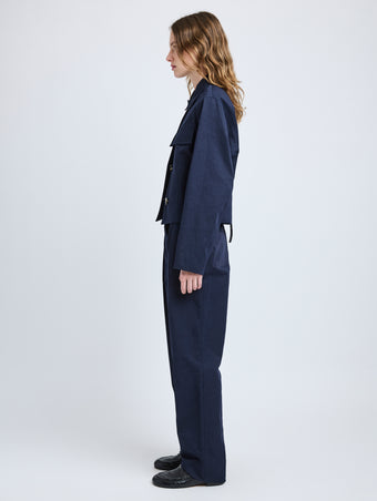 Proenza Schouler Side full length image of model wearing Thelma Jacket in Cotton Linen Suiting in Navy