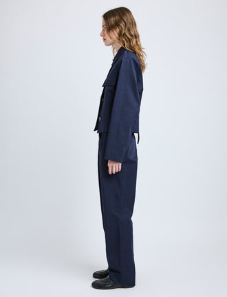 Proenza Schouler Side full length image of model wearing Thelma Jacket in Cotton Linen Suiting in Navy