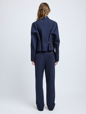 Proenza Schouler Back full length image of model wearing Thelma Jacket in Cotton Linen Suiting in Navy