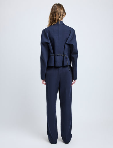 Proenza Schouler Back full length image of model wearing Thelma Jacket in Cotton Linen Suiting in Navy