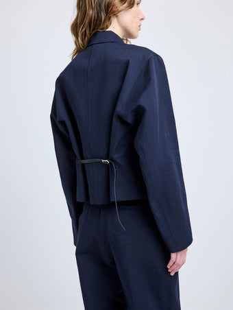 Proenza Schouler Detail image of model wearing Thelma Jacket in Cotton Linen Suiting in Navy