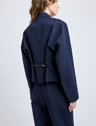 Proenza Schouler Detail image of model wearing Thelma Jacket in Cotton Linen Suiting in Navy