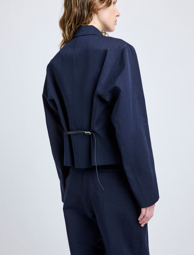 Proenza Schouler Detail image of model wearing Thelma Jacket in Cotton Linen Suiting in Navy