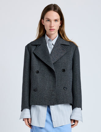 Proenza Schouler Front cropped image of model wearing Nola Jacket in Textured Suiting in Charcoal Melange