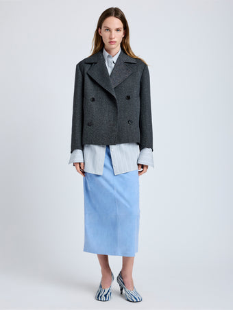 Proenza Schouler Front full length image of model wearing Nola Jacket in Textured Suiting in Charcoal Melange