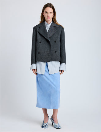 Proenza Schouler Front full length image of model wearing Nola Jacket in Textured Suiting in Charcoal Melange