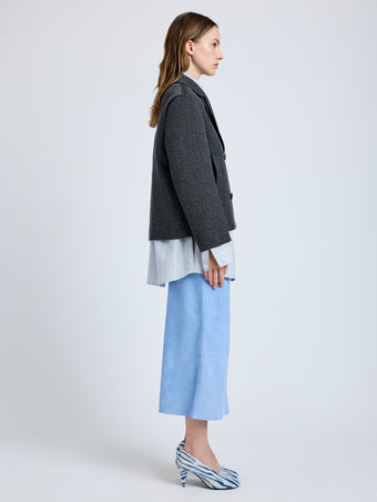 Proenza Schouler Side full length image of model wearing Nola Jacket in Textured Suiting in Charcoal Melange