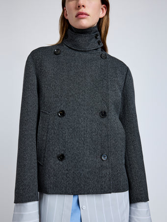 Proenza Schouler Detail image of model wearing Nola Jacket in Textured Suiting in Charcoal Melange