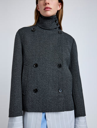 Proenza Schouler Detail image of model wearing Nola Jacket in Textured Suiting in Charcoal Melange