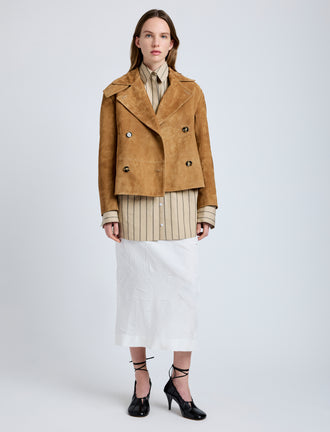 Proenza Schouler Front full length image of model wearing Nola Jacket in Suede in Pony