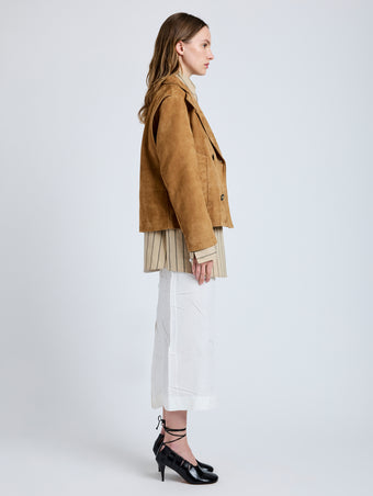 Proenza Schouler Side full length image of model wearing Nola Jacket in Suede in Pony