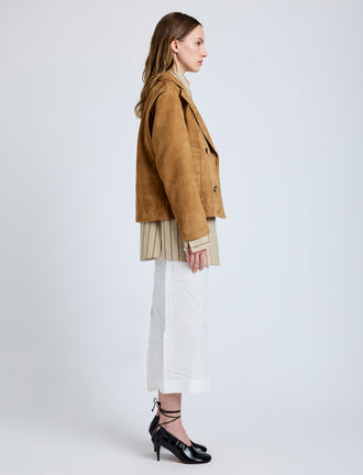 Proenza Schouler Side full length image of model wearing Nola Jacket in Suede in Pony