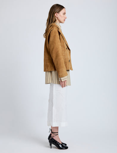 Proenza Schouler Side full length image of model wearing Nola Jacket in Suede in Pony