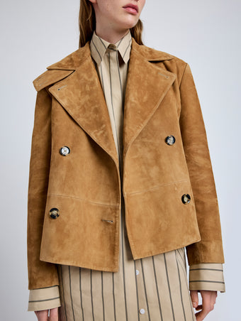 Proenza Schouler Detail image of model wearing Nola Jacket in Suede in Pony