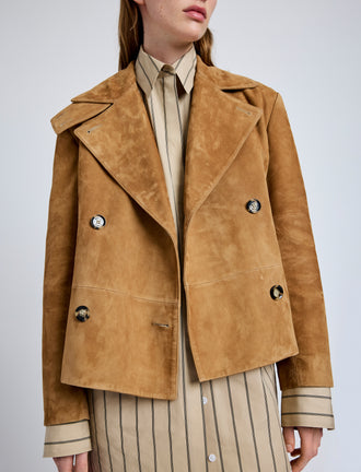 Proenza Schouler Detail image of model wearing Nola Jacket in Suede in Pony