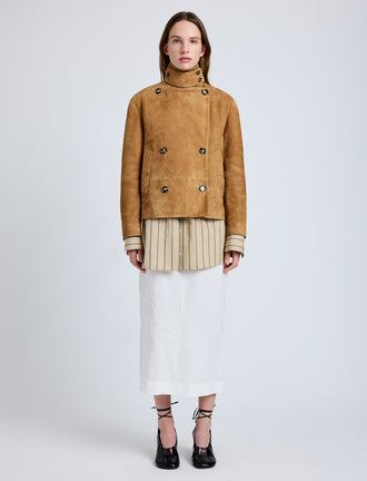 Proenza Schouler Front full length image of model wearing Nola Jacket in Suede in Pony with storm collar closed
