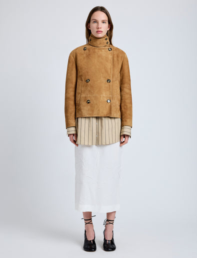 Proenza Schouler Front full length image of model wearing Nola Jacket in Suede in Pony with storm collar closed