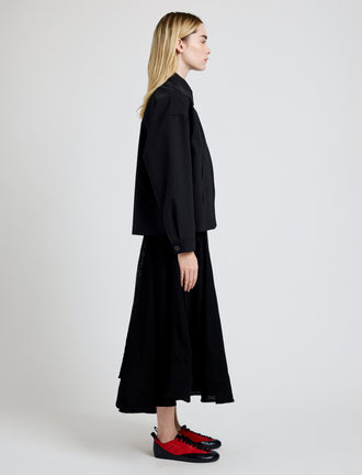 Proenza Schouler Side full length image of model wearing Sibyl Jacket in Stretch Nylon in Black