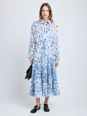 Proenza Schouler Front full length image of model wearing Jones Dress in Printed Crinkle Chiffon in Off White Multi