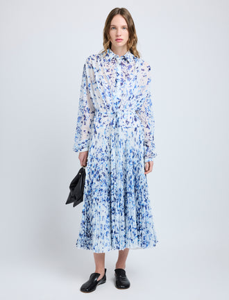 Proenza Schouler Front full length image of model wearing Jones Dress in Printed Crinkle Chiffon in Off White Multi