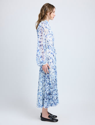 Proenza Schouler Side full length image of model wearing Jones Dress in Printed Crinkle Chiffon in Off White Multi