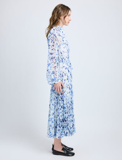 Proenza Schouler Side full length image of model wearing Jones Dress in Printed Crinkle Chiffon in Off White Multi