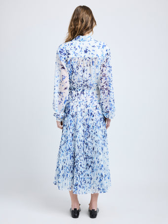 Proenza Schouler Back full length image of model wearing Jones Dress in Printed Crinkle Chiffon in Off White Multi