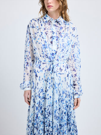 Proenza Schouler Detail image of model wearing Jones Dress in Printed Crinkle Chiffon in Off White Multi