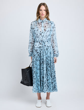 Proenza Schouler Front full length image of model wearing Jones Dress in Printed Crinkle Chiffon in Sky Blue Multi